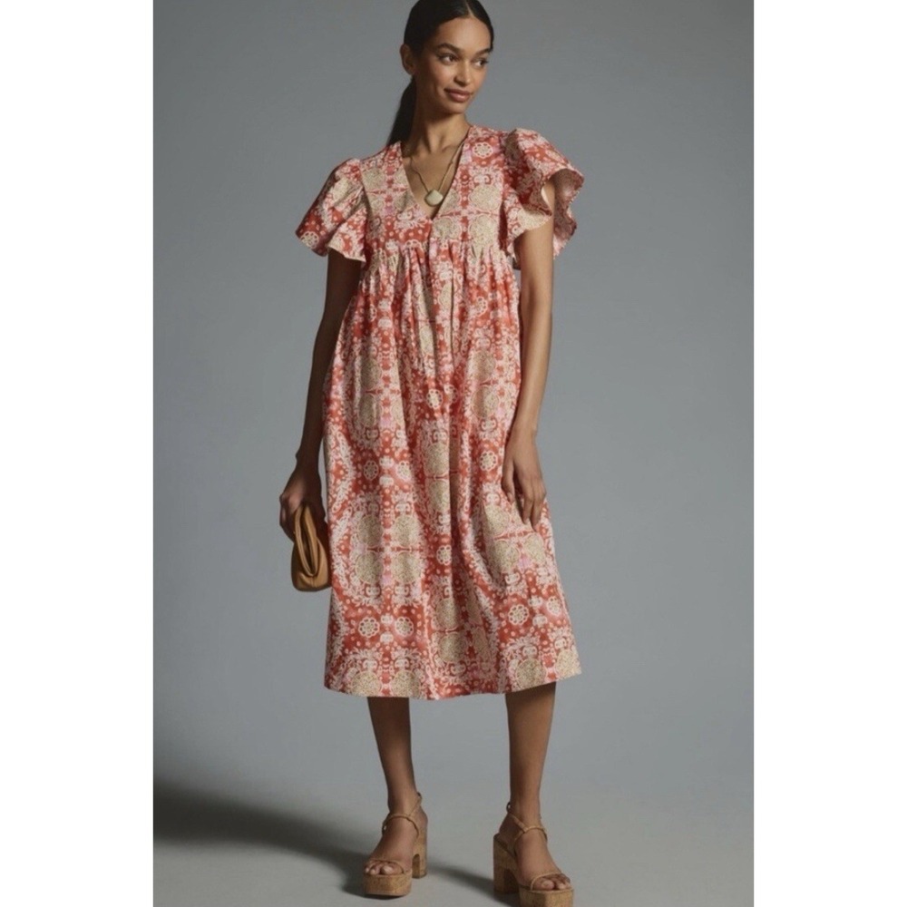 Anthropologie Maeve Printed Cotton Flutter-Sleeve Babydoll Dress Plus Size 3X
